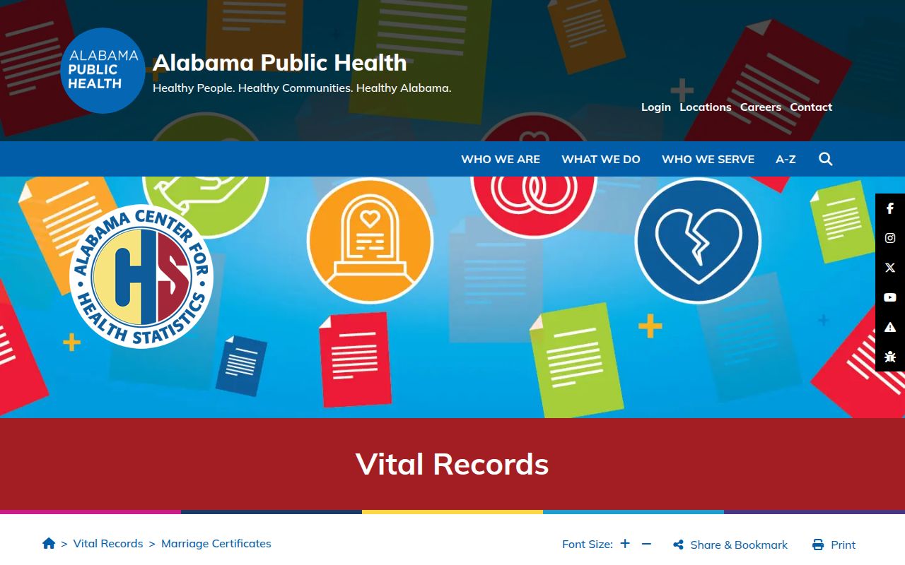 Alabama Department of Public Health marriage certificate information page